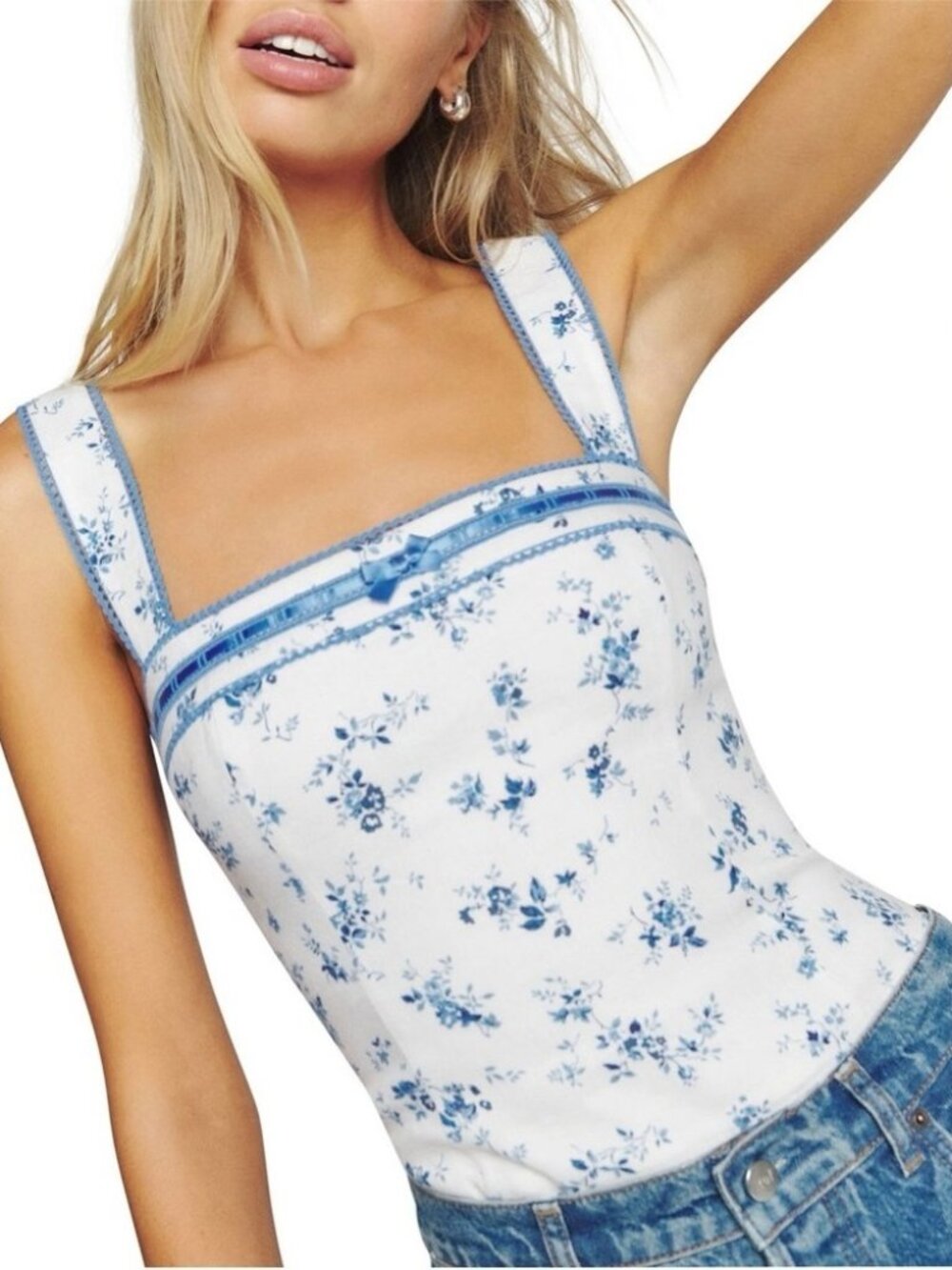 Reformation Eloise Linen Tank Top Orlaya Blue Floral 6 NWOT